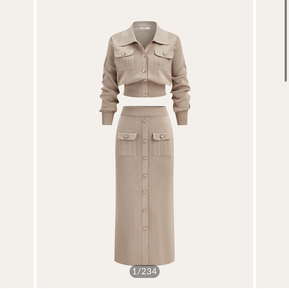 Commense Beige Knit Shirt Jacket & Button-Front Skirt Set
